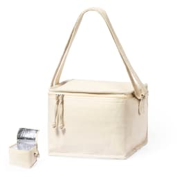 A cream cooler bag with a zip closure and a shoulder strap, accompanied by a small silver ice pack.