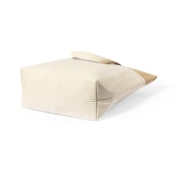 An insulated bag in cream and tan with a handle, featuring a simple design and clean lines.