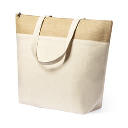 A large insulated bag in cream with a natural jute accent at the top and sturdy shoulder straps. It features a logo.