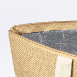 A beige insulated bag with a silver interior and a zip closure, featuring a sturdy handle.