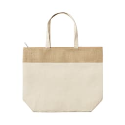 A cream and beige insulated bag with a zipper and two shoulder straps, featuring a textured top section.