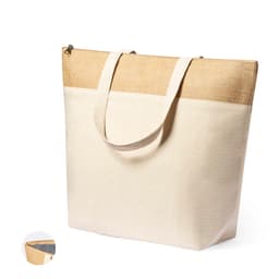 A cream insulated cooler bag with a jute top and sturdy straps, featuring a zip closure.