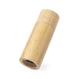 A drink bottle in natural bamboo finish with a cylindrical design and a black base. Includes a logo.