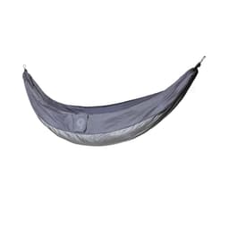 A grey and silver hammock featuring a logo, designed for outdoor relaxation.