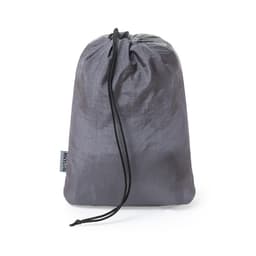 A grey drawstring bag with a cinched top, featuring a branding tag. The material appears lightweight and durable.