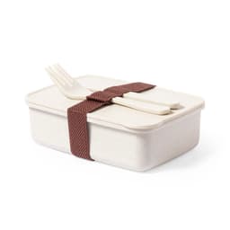 A beige lunch box with a brown strap, featuring a fork and spoon attached on top.