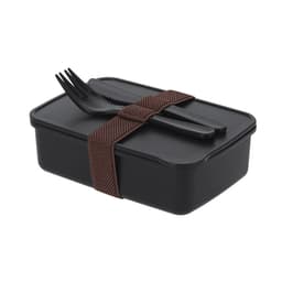 A black lunch box features a fork and spoon secured with a brown strap. It has a sleek, minimalist design.