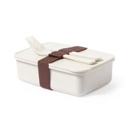 A beige lunch box with a brown strap, containing a fork and spoon on top.