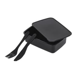 A black lunch box with a lid, featuring a fork and knife included. It has a simple, sleek design.