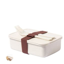 A lunch box in a cream colour, featuring a brown strap, a lid, and a fork and spoon inside.