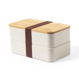 A two-tiered beige lunch box with a wooden lid, secured with a brown strap. It features a logo on the side.
