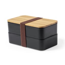 A black lunch box with a bamboo lid, secured with a brown elastic strap, featuring two stackable compartments.