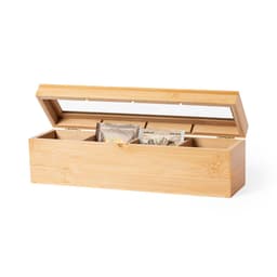 A bamboo tea storage box with a transparent lid and three compartments for organising tea bags.