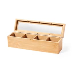 A bamboo tea box with a transparent lid and four compartments for storage. The box has a natural wood finish.