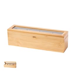 A bamboo storage box with a transparent lid, featuring multiple compartments for organising tea or coffee accessories.