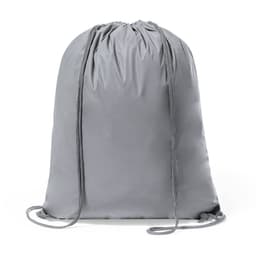 A grey drawstring bag with matching cords, featuring a logo on the front. Suitable for casual use.