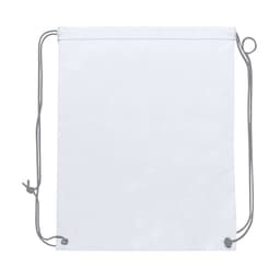 A white drawstring bag with a simple design and a grey drawstring. It features a logo on one side.