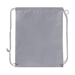A grey drawstring bag with two cord openings and a simple design, featuring a logo.
