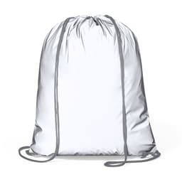 A grey drawstring bag with a shiny white surface and matching grey cords. It features a logo on the front.