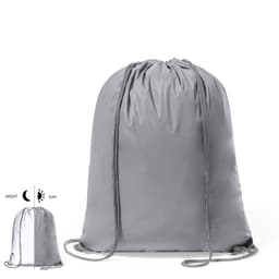 A grey drawstring bag with a matching drawstring and a logo. Features a reflective panel for visibility.