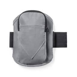 A grey armband pouch featuring a zippered compartment and an adjustable strap for secure wear.