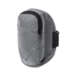 A grey sports gear pouch with a zippered pocket and an adjustable strap. It features a compact design and a logo.
