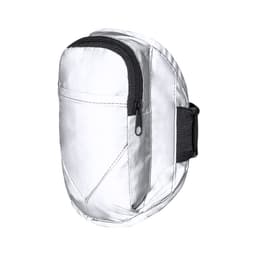 A white sports gear pouch with a zippered pocket and an adjustable strap. It features a small branding logo.