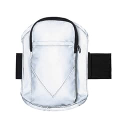 A silver sports armband with a zippered pocket and a black adjustable strap. It features a sleek and shiny design.