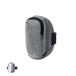 A grey sports gear pouch with a zipper and an adjustable strap. It features a minimalist design and a logo.