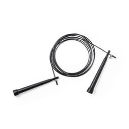 A black jump rope with adjustable handles and a long, flexible cord, featuring a branding logo on the handles.