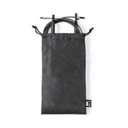 A black drawstring pouch containing a jump rope. The pouch features a logo on its side.
