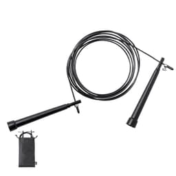 A black jump rope with detachable handles and a carrying bag, designed for fitness activities.