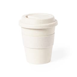 A drink bottle resembling a travel mug in a light beige colour with a lid and a rubber grip band. Features a logo.
