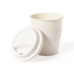 A travel mug in off-white with a lid and a textured sleeve. Suitable for hot or cold beverages. It features branding.