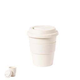 A drink bottle with a beige, stackable design, featuring a lid and two removable sections. It has a logo on the side.