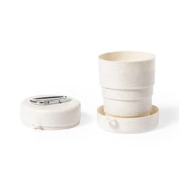 A foldable drinkware cup in a light cream colour, with a matching lid and a clip for portability.