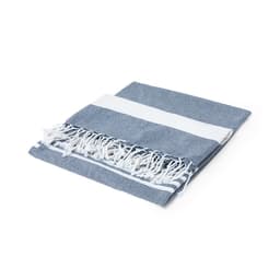 A blue and white striped beach mat with tassels, neatly folded. It features a soft texture and a simple design.