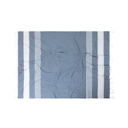 A blue and white beach mat with fringed edges, featuring striped patterns across its surface.
