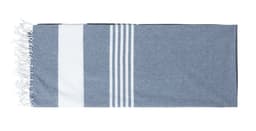 A blue and white beach mat with stripes and fringed edges, featuring a logo.