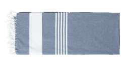 A grey beach mat with white stripes and fringed edges, featuring a logo on one side.