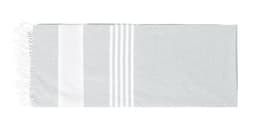 A grey and white beach mat with a striped design and fringed edges. It includes a logo.