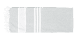 A grey beach mat with white stripes and tassels on one end, suitable for outdoor leisure.