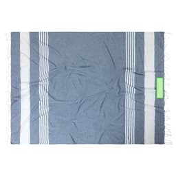 A large, textured beach mat in blue and white, featuring striped patterns and fringed edges. It has a branding logo.