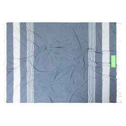 A blue and white striped beach mat with fringing on the edges, featuring a logo in one corner.