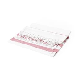 A white and pink striped bath towel with fringing along the edge, featuring a simple design.