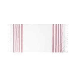 A bath towel featuring white fabric with pink stripes on each side and fringe ends. It includes a logo.