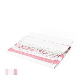 A white towel with pink stripes and fringed edges, featuring a logo on the corner.