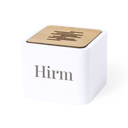 A white Bluetooth speaker with a bamboo top and a logo. The design is sleek and modern.