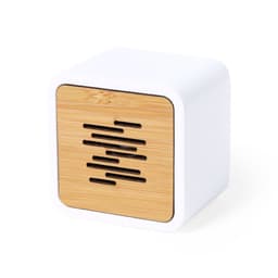 A compact Bluetooth speaker featuring a white body and a bamboo front panel, with speaker grilles for sound output.