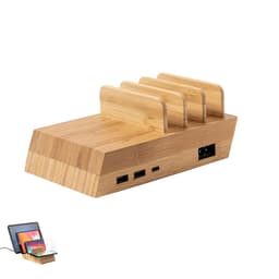 A wooden wireless charger with multiple slots and USB ports, featuring a natural bamboo finish.